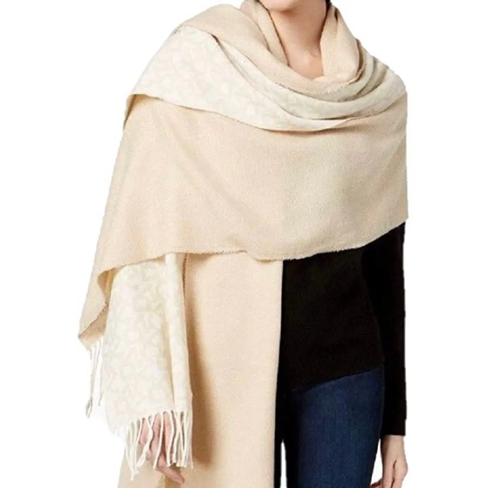 DKNY Double panel Woven Logo Wrap Scarf – Beige/Cream – Oversized 12” x 74”
